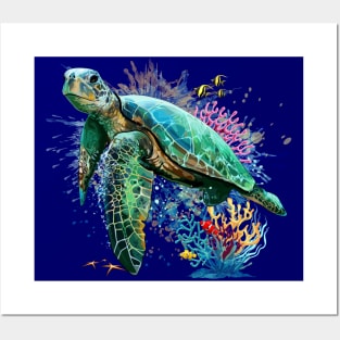 Sea turtle watercolor Style Underwater Summer Vibes Posters and Art